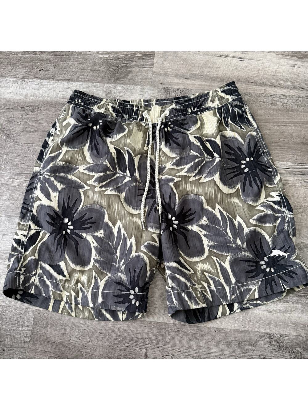 Tommy Bahama RELAX Swim Trunks Men Medium Gray Floral Mesh-Brief Elastic Pockets
